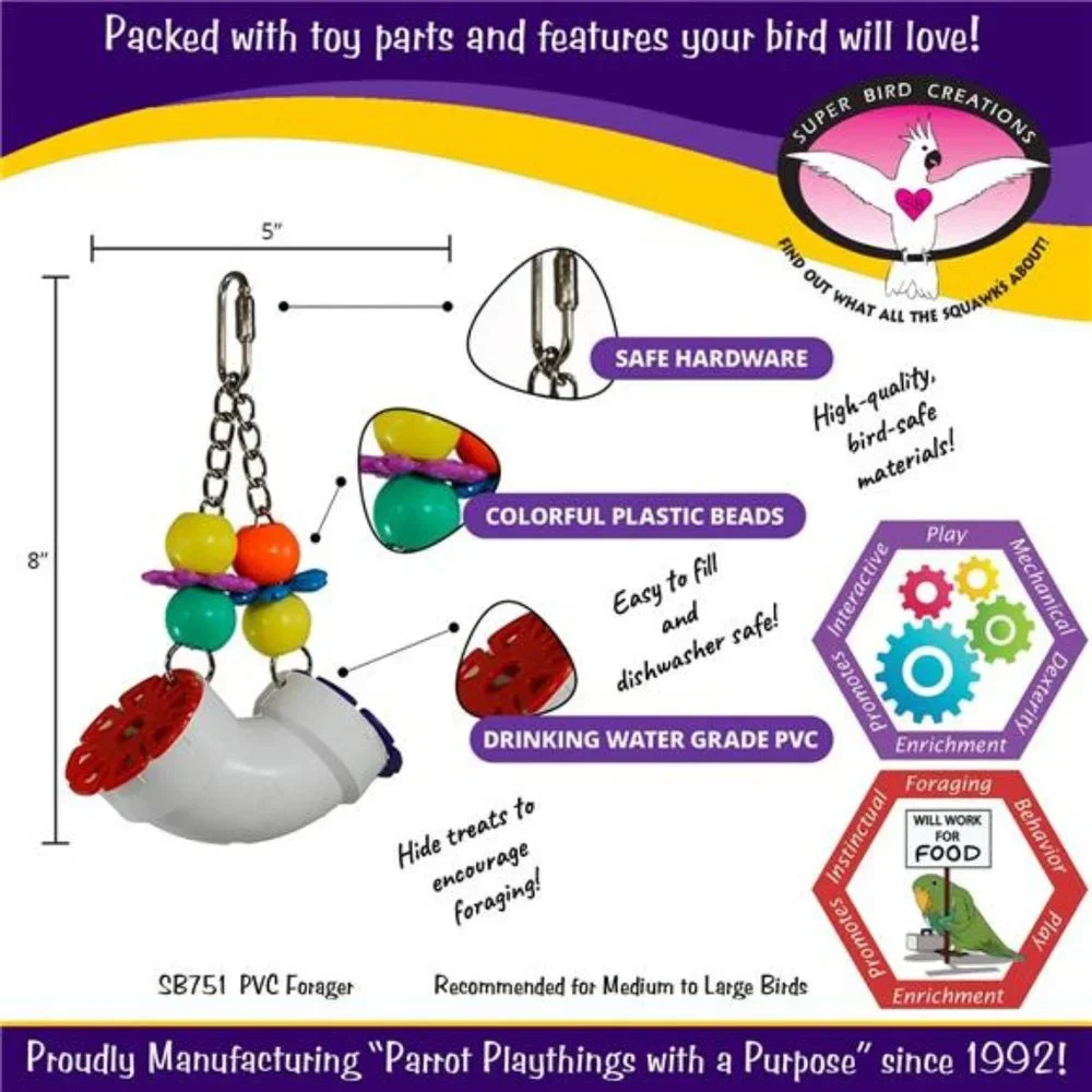 PVC Forager Bird Toy, Medium/Large Bird Size, 3” x 5” x 8”